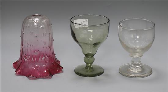 A cranberry glass shade and two glass rummers tallest 15.5cm
